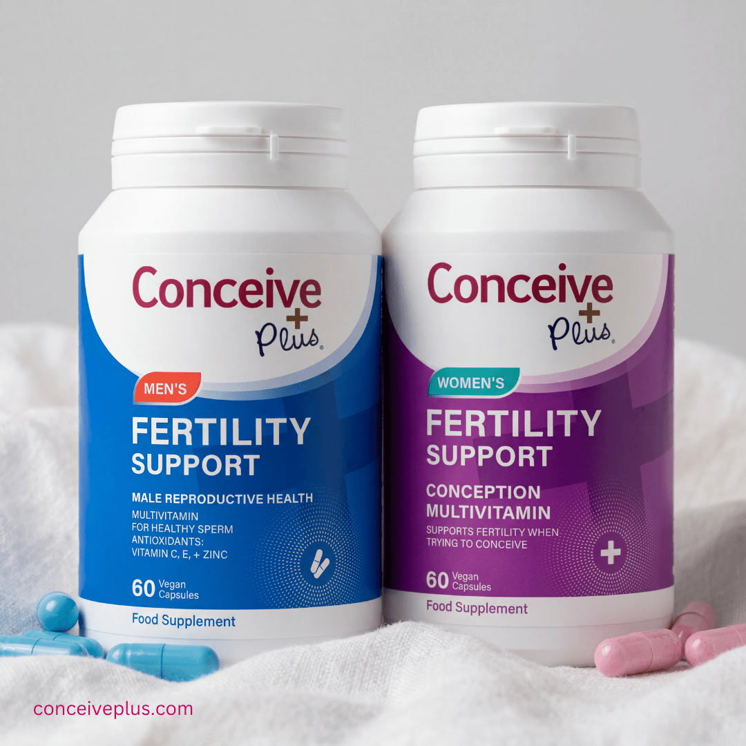Conceive Plus Men's and Women's Fertility Support supplements side by side