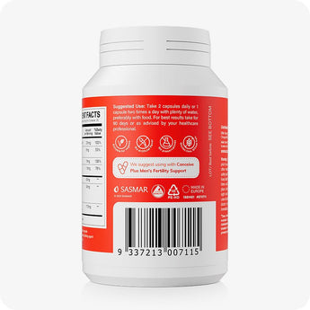For Conceive Plus Motility Booster Bundle, rear view of Men’s Motility Support bottle showing usage instructions, ingredient highlights, safety icons, and product barcode, with a red label design recommending combined use with Conceive Plus Men’s Fertility Support for enhanced results.