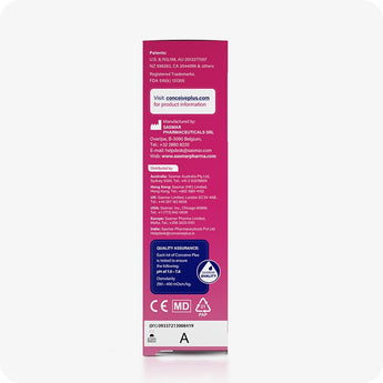 For Conceive Plus Try Me Size Bundle (30ml Tube and 3x4g Applicators), rear box panel of 30ml fertility lubricant showing manufacturer contact details, distributor information for multiple regions, quality assurance specs, CE markings, and batch code, all printed on a deep magenta background with regulatory icons.